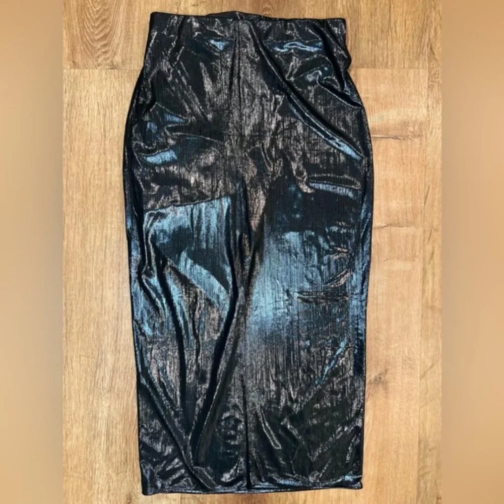 NWT ZARA Shiny Gathered Midi Skirt Elastic Waistband Back Slit 4770/629/836 Sz M